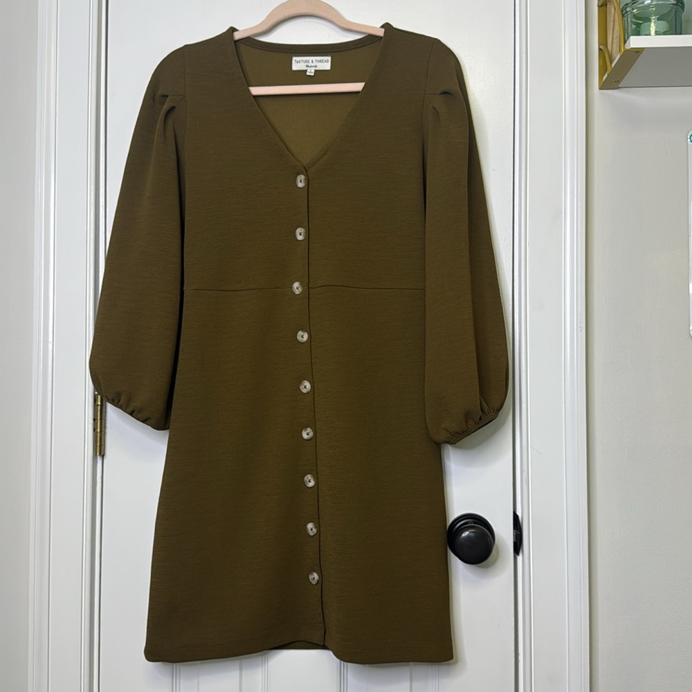 Madewell Army/Olive Green V-Neck Dress With Balloon Sleeves - Picture 3 of 7